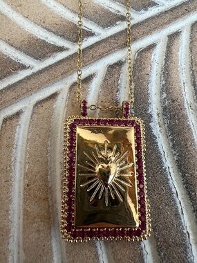 Mayamar 24 Karat Gold Dipped Sacred Heart Pendant Necklace with Rhinestones  NEW